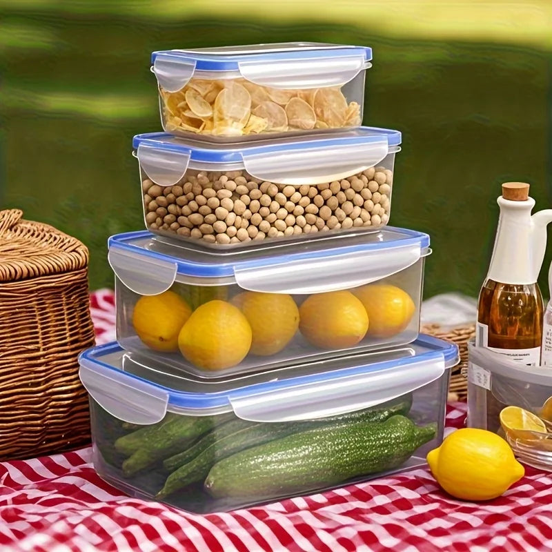 4-piece set of food storage containers, available in multiple sizes suitable for fruits, vegetables, pasta, snacks, and meat