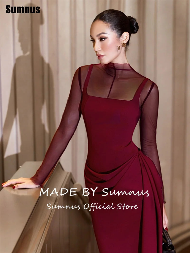 Sumnus Elegant Burgundy Mermaid Prom Dresses Square Collar Pleats Side Slit Maxi Formal Dresses فساتين سهرة Customized