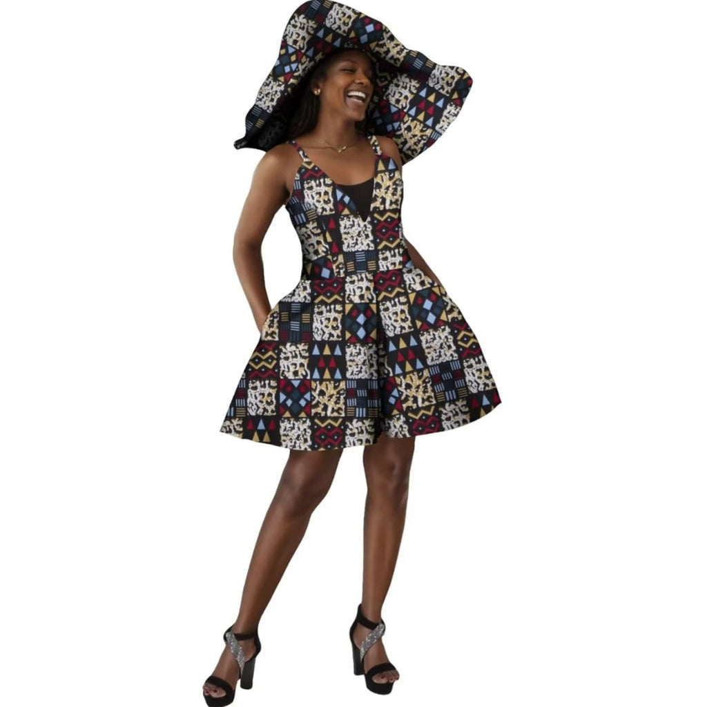 Women Summer Dress African Print Jumpsuit Sexy Sleeveless V-neck Short Pant with Hat Fashion African Clothes Lady Attire WY8844