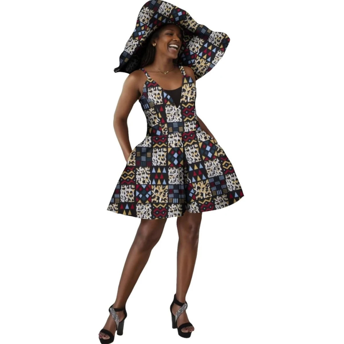 Women Summer Dress African Print Jumpsuit Sexy Sleeveless V-neck Short Pant with Hat Fashion African Clothes Lady Attire WY8844