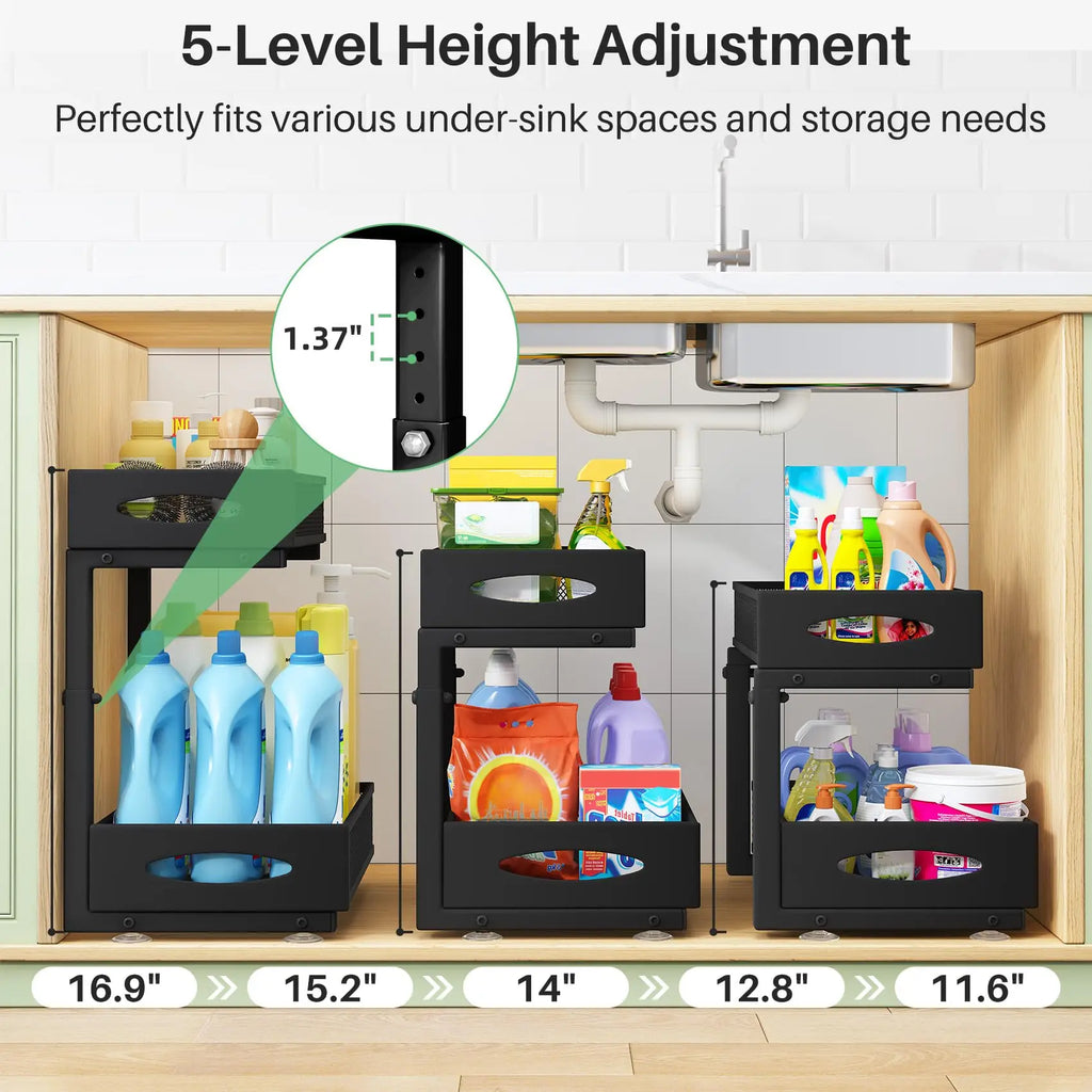 1 Pcs Under Sink Organizer, 2 Tier Pull out Cabinet Organizer Baskets with Mesh Sliding Drawers, Kitchen Slide out Storage Shelf