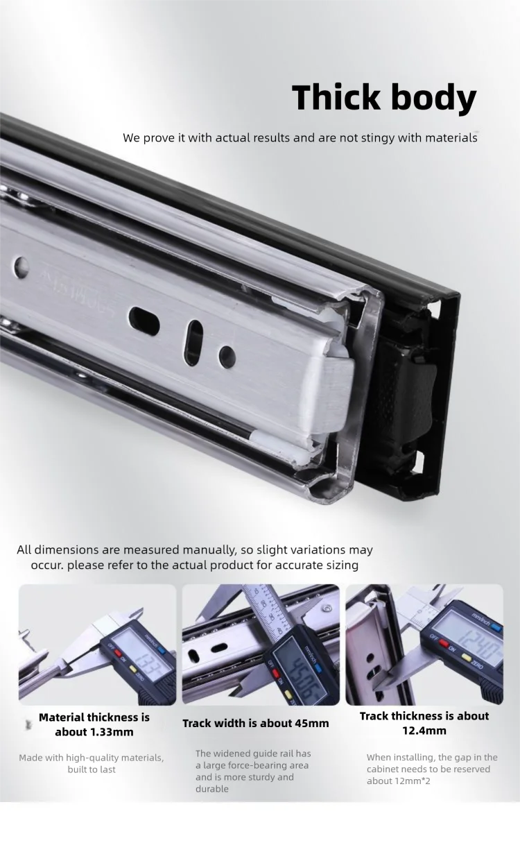 Heavy duty cold-rolled steel drawer slide rail -3-section soft closing damping rail, silent cabinet slide rail