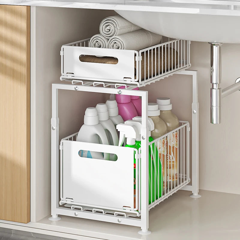 Kitchen Sink Storage Rack Pull-Out Basket Double Layer Spice Snack Bottle Can Organizer Cabinet Multi-level Shelf Under Cabinet