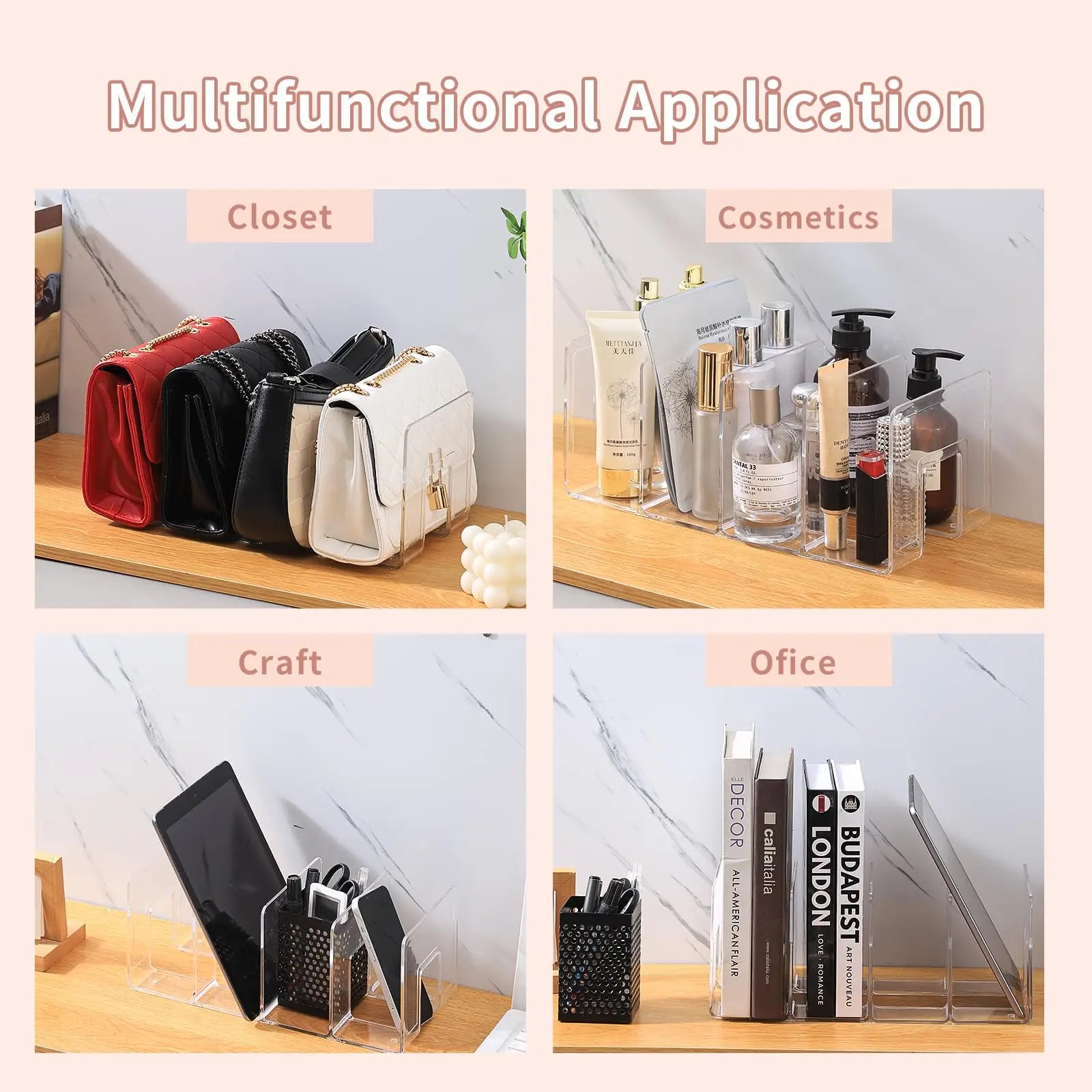 32x13x14.5cm Clear Plastic Purse Handbag Organizer 4 Sections Bag Closet Shelf Divider Purse Display Stand Handbag Organizer