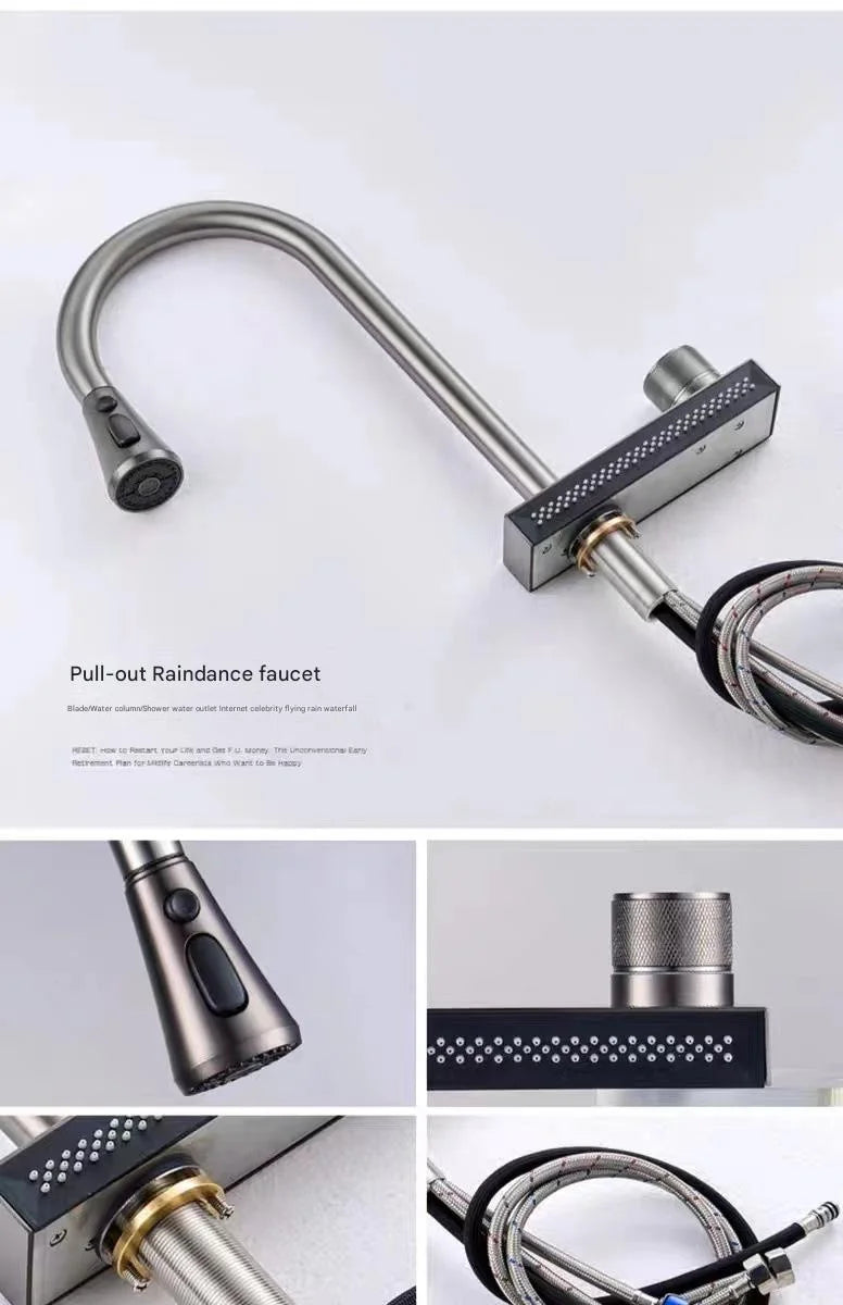 Waterfall Sink Pull Type Kitchen Faucet Hot Cold Mixer Vegetable Wash Tap Basin Multiple Water Outlets Rotation Flying Rain Tap