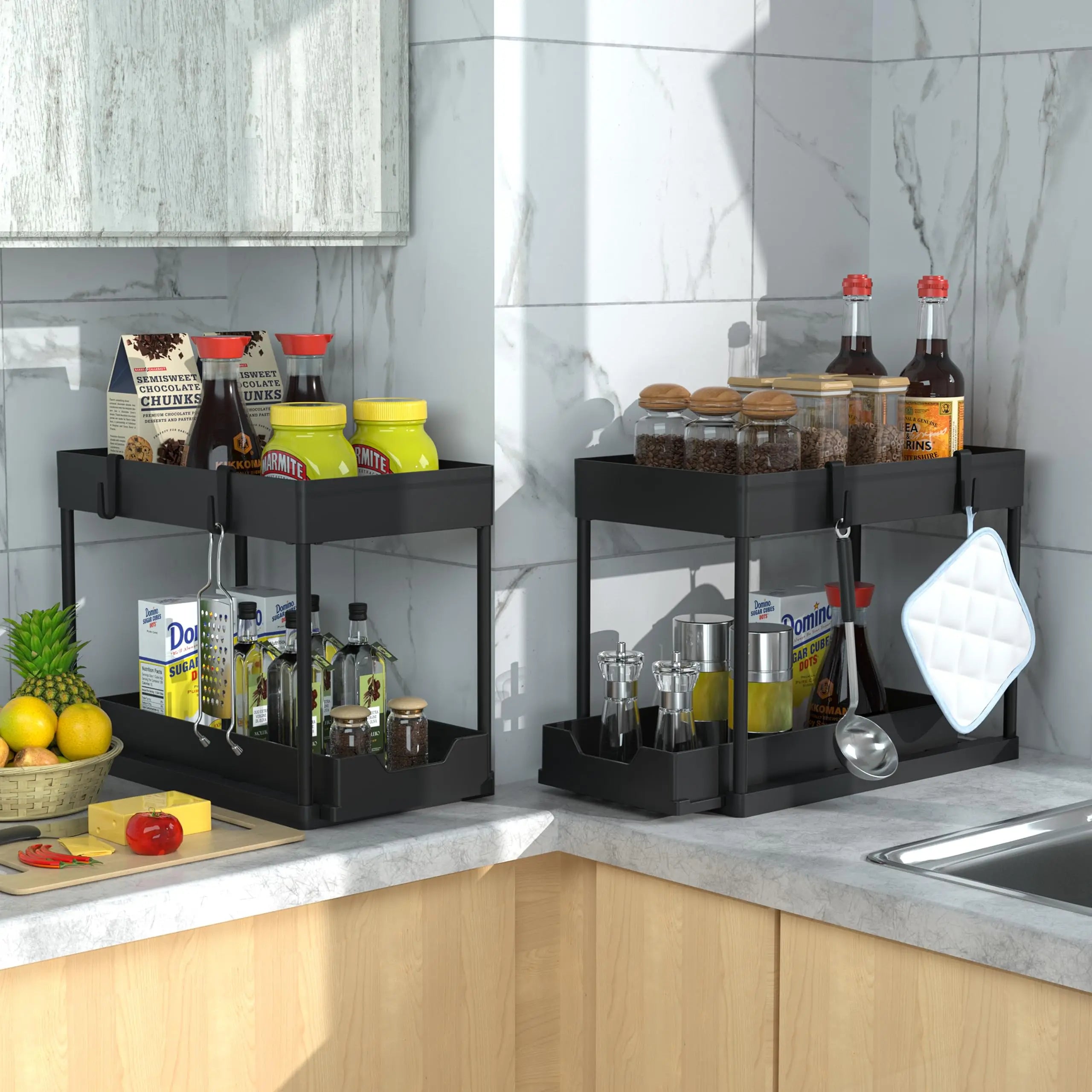 2 Tier Under Sliding Cabinet Basket Organizer Drawer with 4 Hooks, Multi-Purpose Under Sink Storage for Bathroom Kitchen Desktop