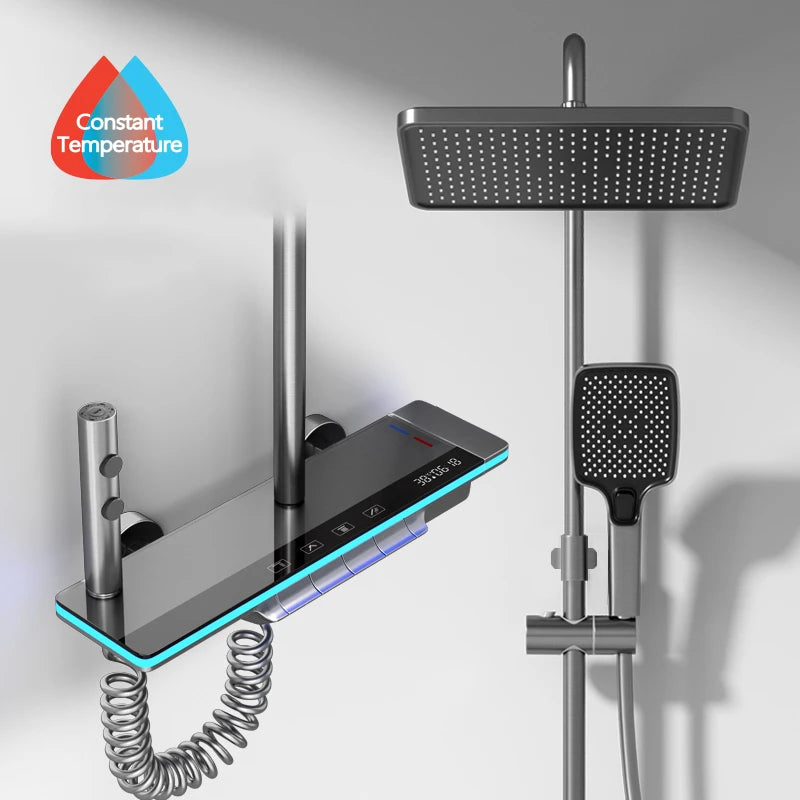 Bathroom Luxury Shower System with Lights Tempered Glass Piano Key Smart Digital Display Thermostat Mixer Shower Faucet Full Set