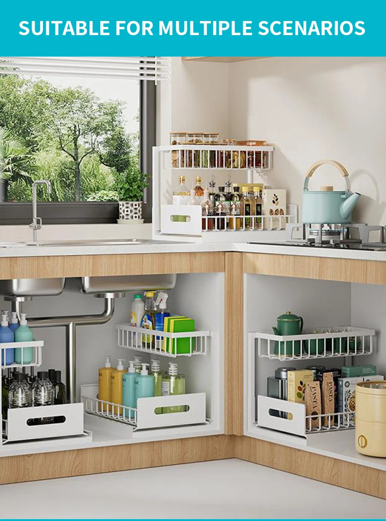 Under Sink 2 Tier Sliding Cabinet Basket Organizer Drawer Pull Out Cabinet Multi-Purpose Sink Organizer for Bathroom Kitchen