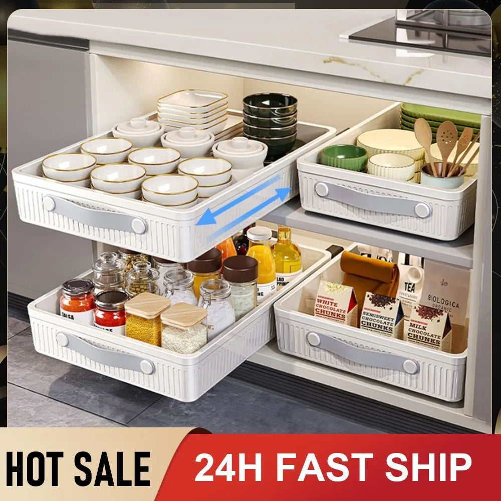 2PCS Kitchen Drawer Storage Rack with Slide Rails Pull-out Cabinet Organizer Storage Tray Spice Seasoning Bottle Storage Rack