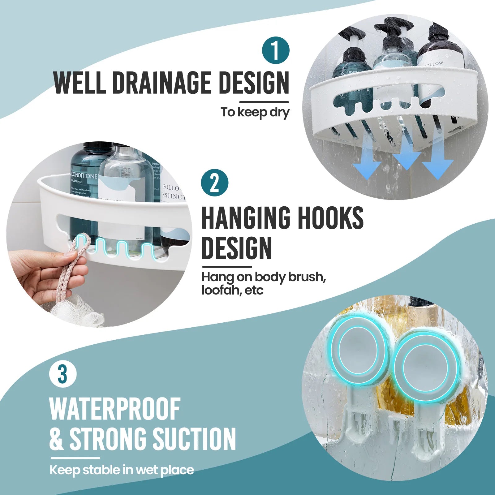 TAILI Corner Shower Caddy Suction Cup No-Drilling Removable Shower Caddy Basket Powerful Suction Bathroom Shower Shelf Organizer