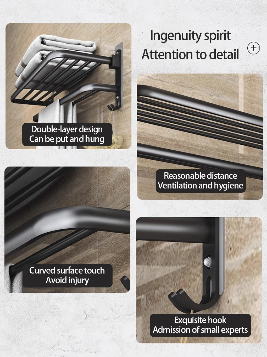 Bathroom Lavatory Towel Rack with Double Towel Bars & with HOOKS,19-inch Towel Shelf with Towel Bar,Towel Holder (Black、Gray)