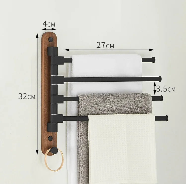 Bathroom Swivel Towel Rack, Wood & Matte Black Metal, 4-Arm Wall Mounted Towel Bar with Towel Ring, Space-Saving Towel Hanger