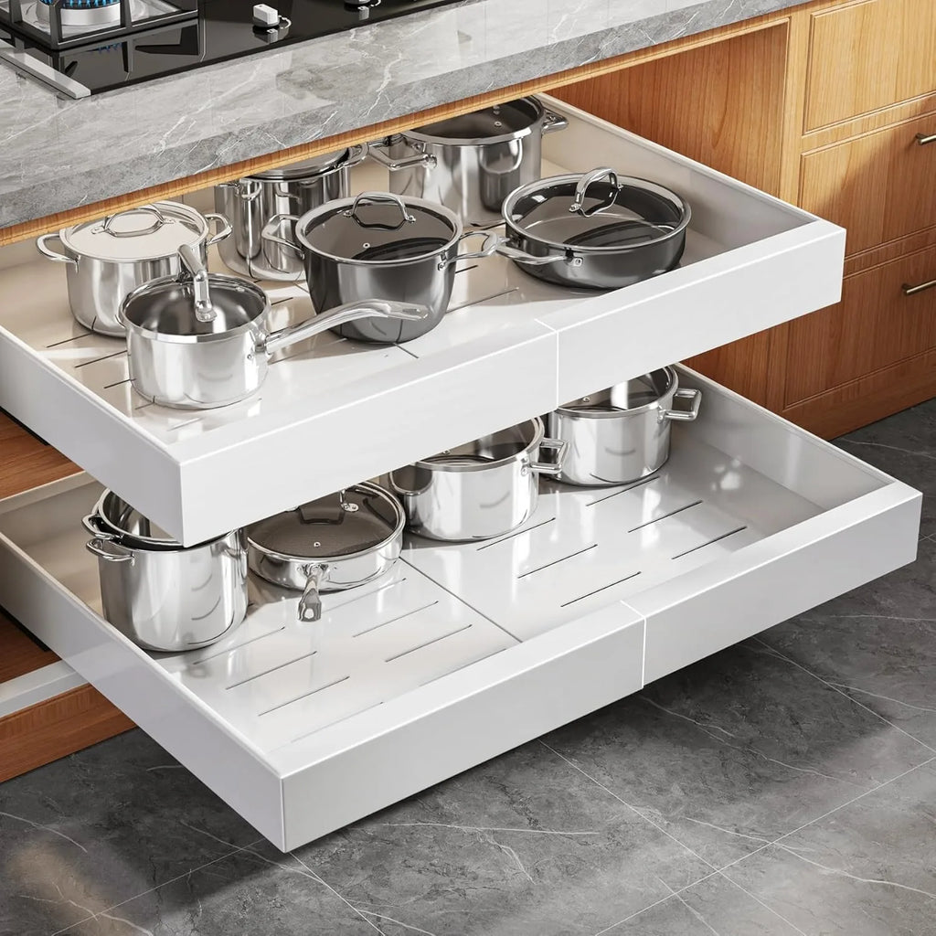 Pull-out Cabinet Storage Rack with 3 Silent Slide Rails, No Drilling Required, Suitable for Kitchen Spice Tableware Organization