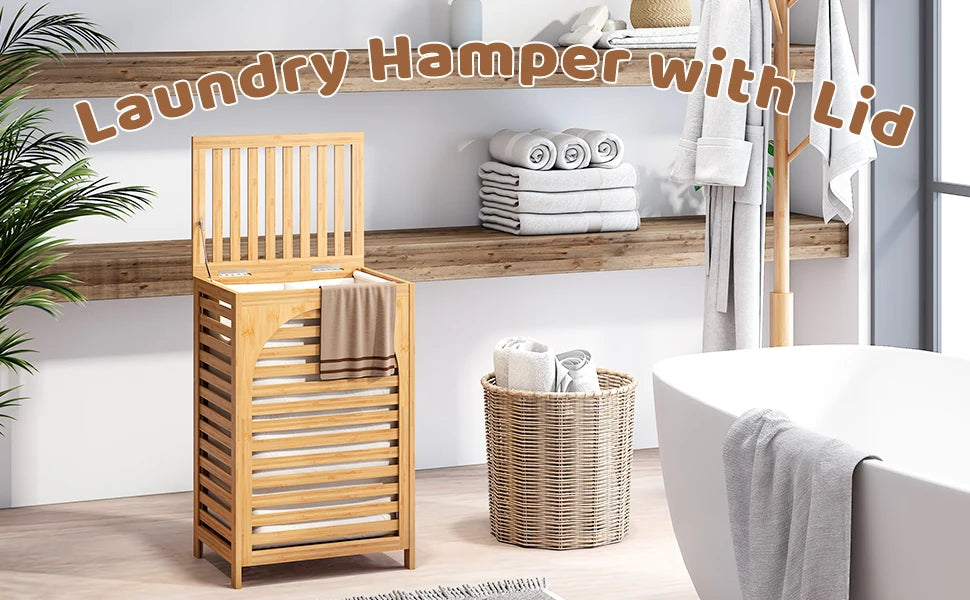 Large Bamboo Laundry Hamper with Lid 85L Clothes Basket Removable Bag Storage for Bathroom Natural