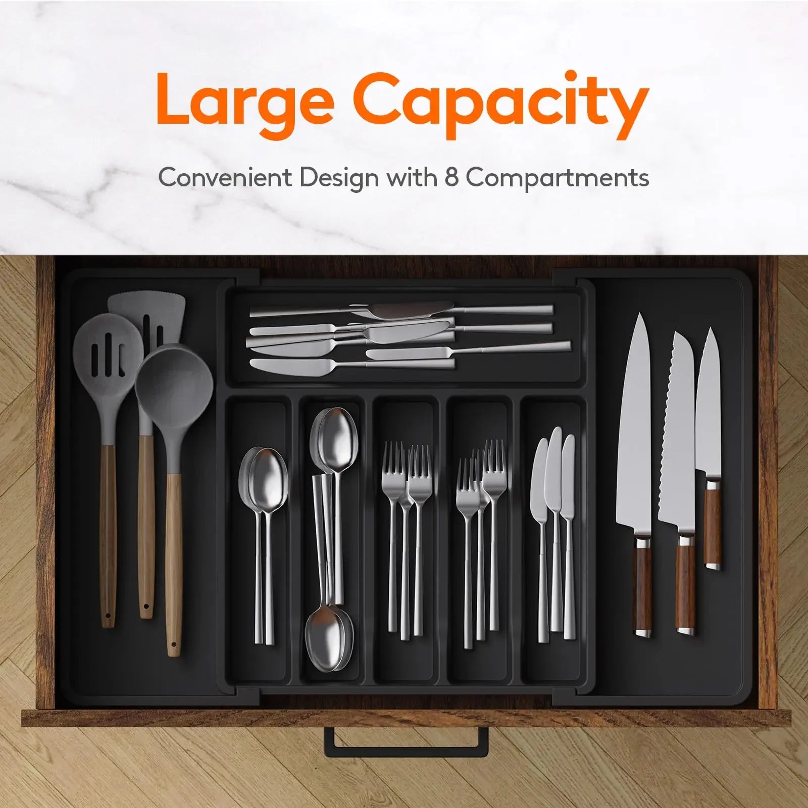 Adjustable Kitchen Storage Organizer Tray – Plastic Multifunctional Drawer Organizer for Kitchen Counter Utensils