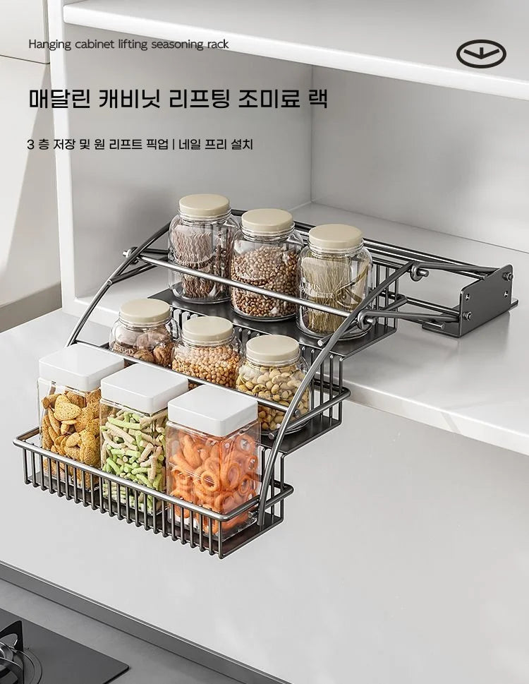 Pull-Down Cabinet Organizer Kitchen Vertical Lift  Multi-layer Spice Rack No-Drill Space Saving Heavy Duty Metal Rack holder New