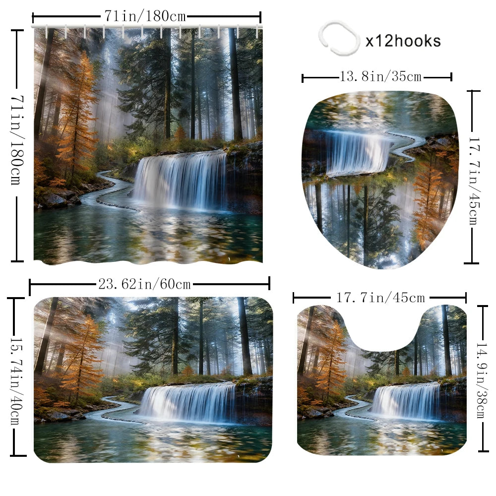 1/4 Forest Waterfalls  print shower Curtains, Toilet Seat Decoration, Shower Curtain with Carpet and Toilet Lid, 70.8x70.8 inch
