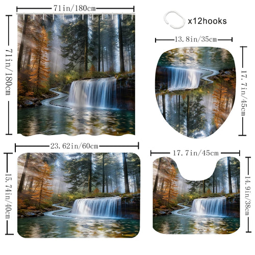 1/4 Forest Waterfalls  print shower Curtains, Toilet Seat Decoration, Shower Curtain with Carpet and Toilet Lid, 70.8x70.8 inch
