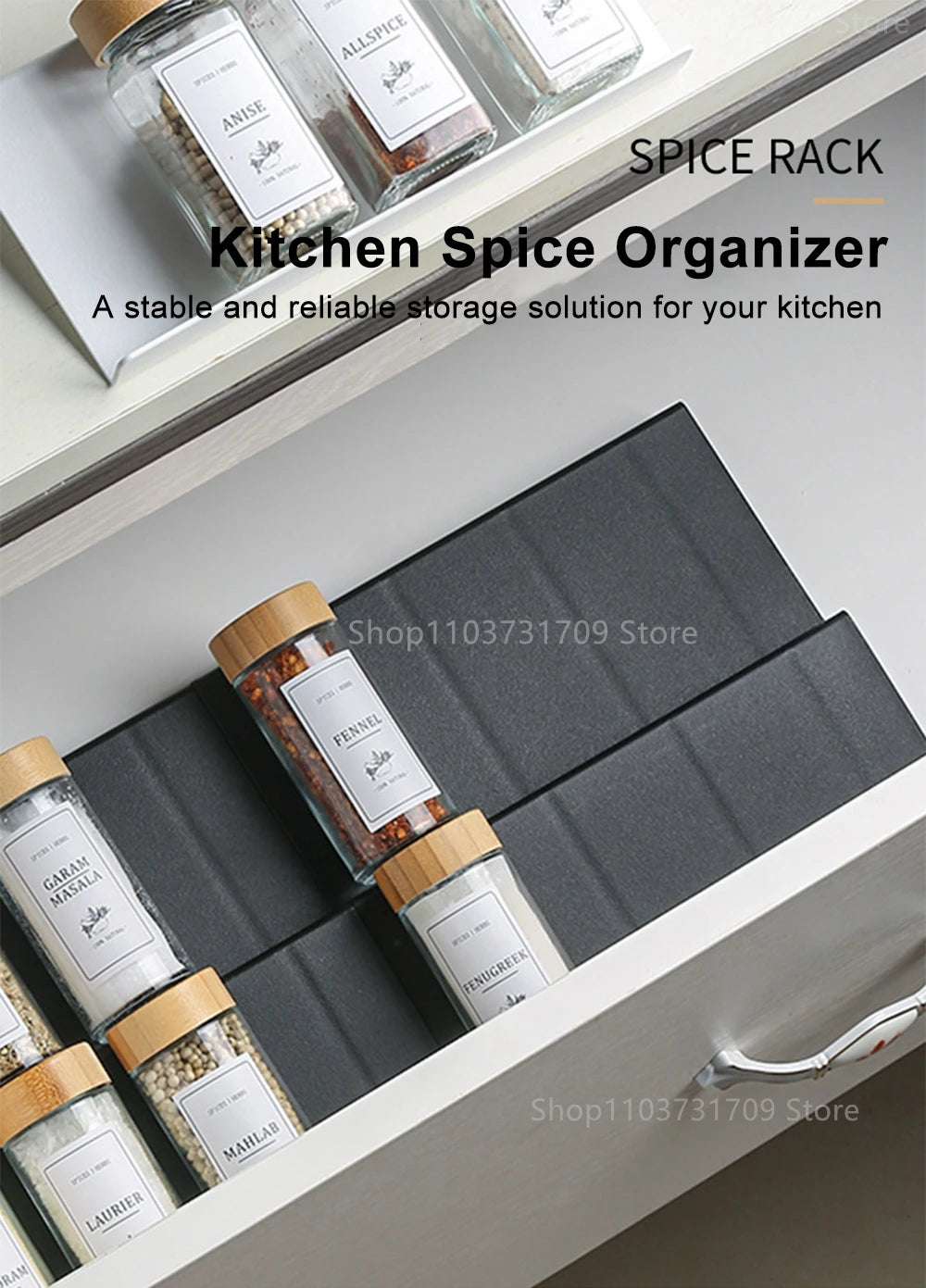 Spice Drawer Organizer Adjustable Spice Rack for Spice Jars 4 Layers Kitchen Spice Drawer Shelf Cabinet Pantry Kitchen Organizer