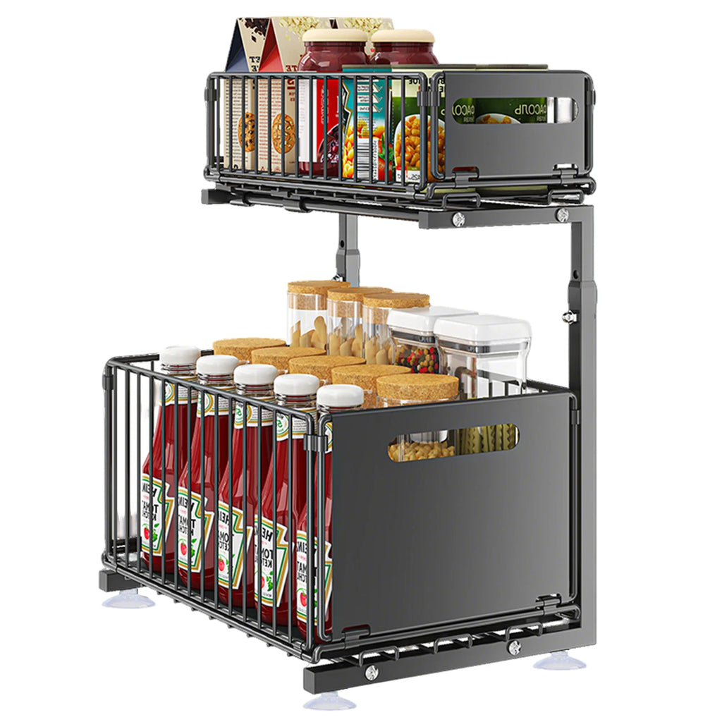 2-Tier Pull Out Cabinet Organizer Drawer Height Adjustable Kitchen Rack for Cabinet Under Sink Organizer Spice Jar Storage Shelf
