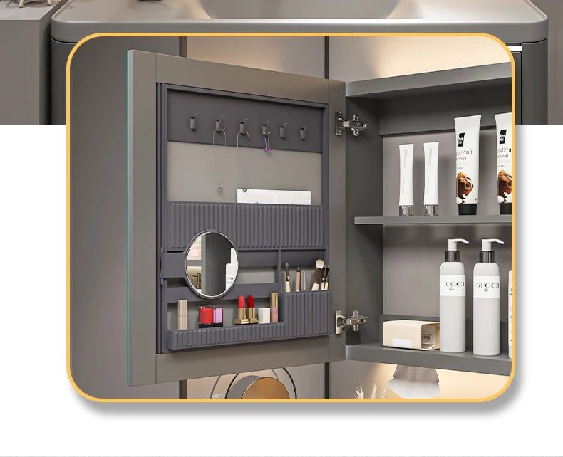 Bathroom Furniture Mirror Cabinet Modern Solid Wood Bathroom Smart with Light Defogging Beauty Mirror with Storage Locker