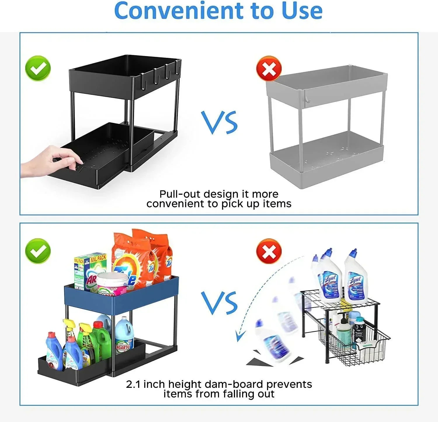 Under Sink Organizer Sliding Cabinet Basket Organizer Storage Rack with Hooks Hanging Cup Bathroom Kitchen Organizer