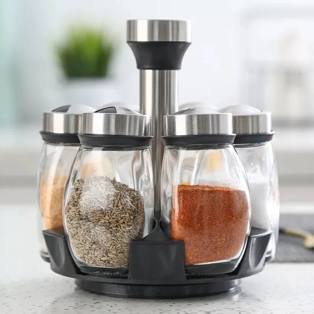 6 Bottles Rotatable Spice Rack Space-Saving Food Grade Seasoning Rack Dust-proof Moisture-proof Condiment Organizer Kitchen Use