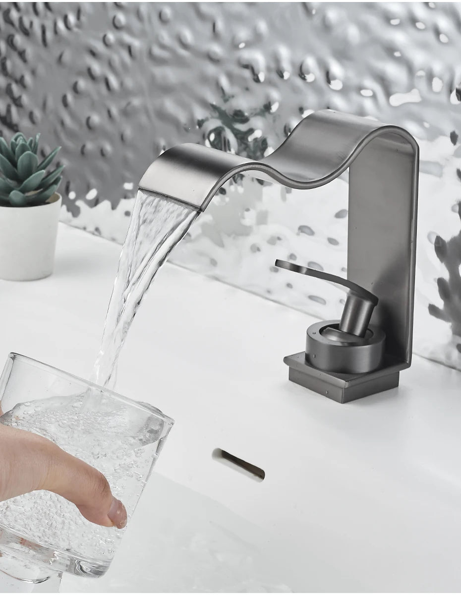 Basin Faucet Waterfall Black with Brushed Bathroom Basin sink Faucet Cold and Hot Water Mixer Single Handle Bathroom Taps 855951