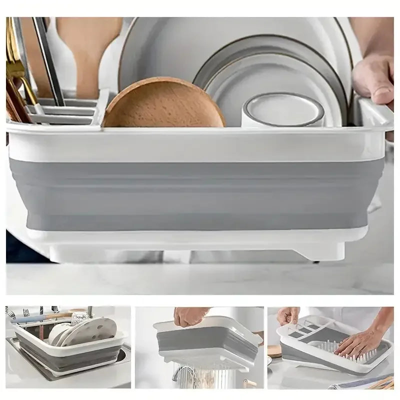 Foldable Dish Drying Rack with Utensil Holder,Space-Saving Plastic Plate Rack for Home,RV,Camping,Foldable Sink Drain for Travel
