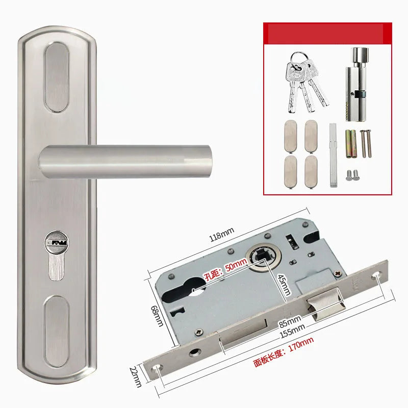 Adjustable Stainess Steel Door Handle lock set Home Security With Keys  Interior Door Lock Hole Size110-190mm