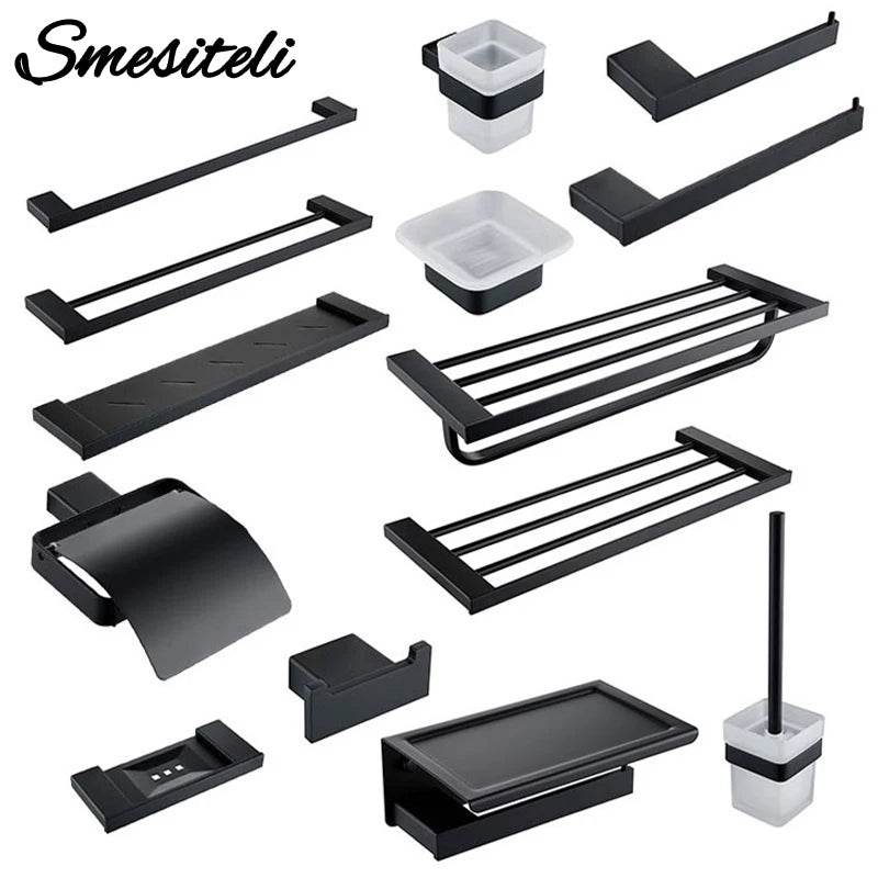 Bathroom Accessories Hardware Set Matte Black SUS304 Stainless Steel Paper Holder Toothbrush Holder Towel Bar Bath Shelves